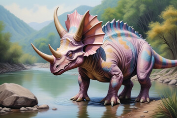 Fototapeta premium dinosaurio en paisajes con colores pastel