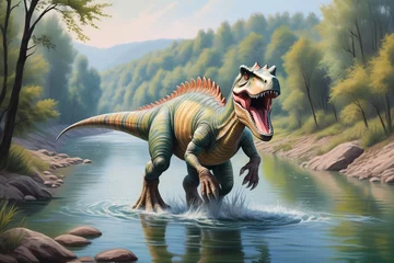 Foto op Canvas dinosaurio en paisajes con colores pastel © chorchfoto
