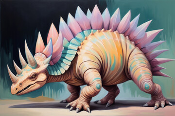 dinosaurio en paisajes con colores pastel - obrazy, fototapety, plakaty