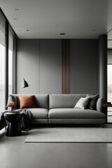 Minimalistic grey sofa in a cozy bright living room. Beautiful interior in the house, furniture, apartment design concepts.