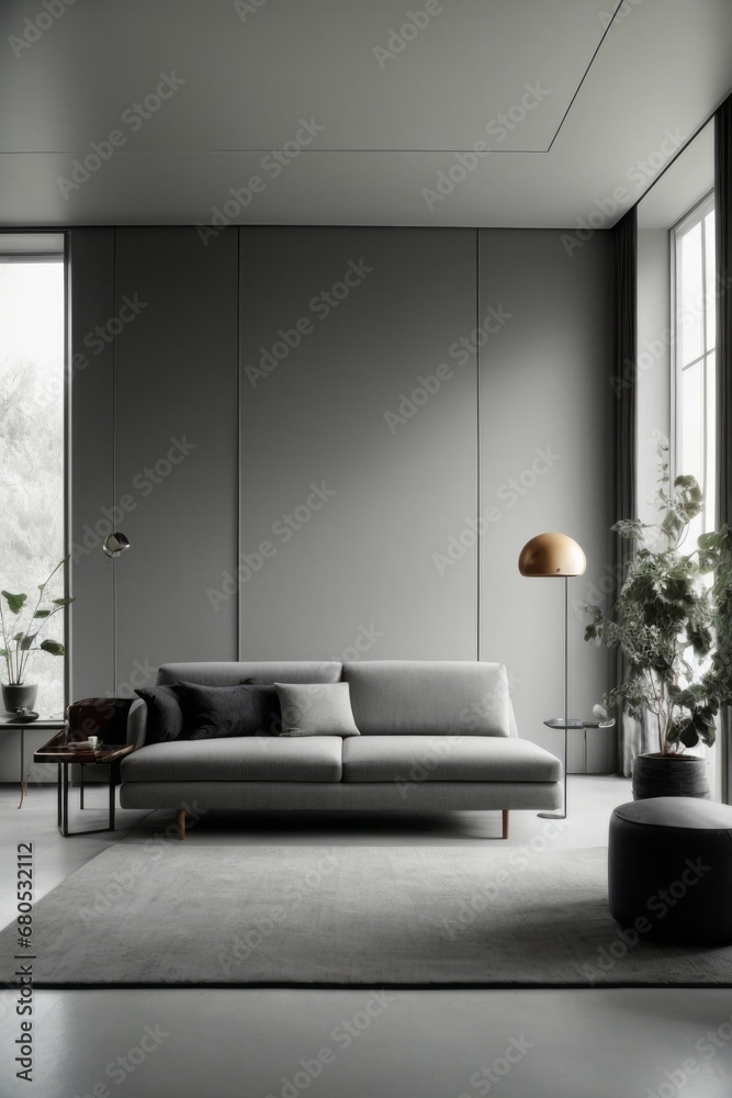 Poster a gray living room in a minimal style with a sofa near a large window. beautiful interior in the hou
