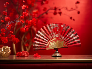 Traditional Chinese Fan for Chinese Lunar New Year on Festive Red Background
