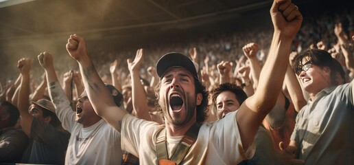 Crowd Of Sports Fans Cheering During A Match In A Stadium. People Excited Cheering For Their Favorite Sports Team To Win The Game. Generative AI - obrazy, fototapety, plakaty
