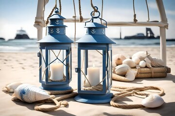 Nautical Lantern Seaside with Maritime blues and whites with rope accents. - Powered by Adobe