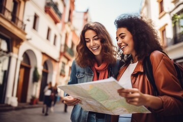 Concept of fun, friends, travel and tourism.Friends Exploring the City with Smiles. Generative AI