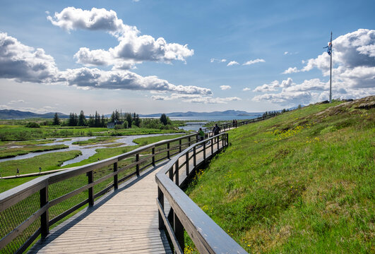 Thingvellir National Park in Iceland - View of the L&ouml;gberg area with volcanic rock formations. Path to Logberg (Law Rock) mountain. Iceland, Europe