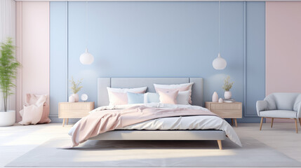 Minimalistic bedroom with comfortable bed and pillows. Pastel colors. 3d rendering of interior in scandi style.