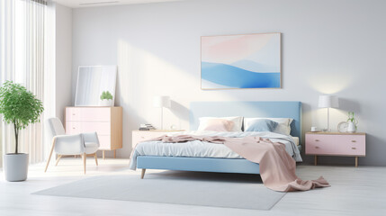 Minimalistic bedroom with comfortable bed and pillows. Pastel colors. 3d rendering of interior in scandi style.