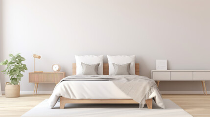 Minimalistic bedroom with comfortable bed and pillows. Pastel colors. 3d rendering of interior in scandi style. - obrazy, fototapety, plakaty