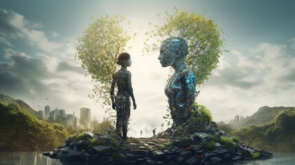 AI-driven figures representing a shared commitment to safeguarding the planet's natural resources and ecosystems. - obrazy, fototapety, plakaty