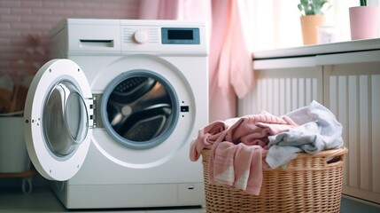 Generative AI : Interior of laundry room with washing machine and laundry basket