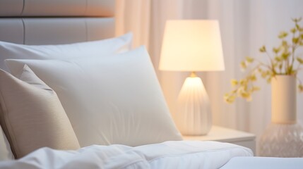 Generative AI : White pillow on bed with table light lamp decoration in bedroom interior