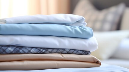 Generative AI : Stack of clean bedding sheets on blurred laundry room background