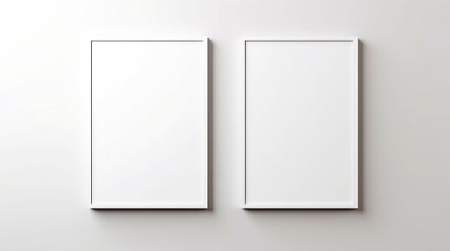 Generative AI : Two Mockup Vertical Rectangle Painting Frames Hanging On White Wall Background At The Room Corner With Copy Space.