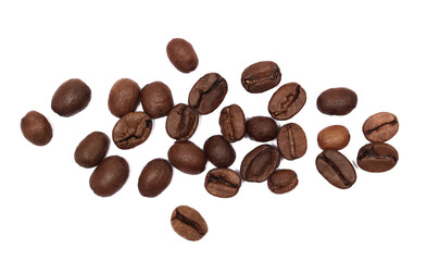 Naklejka premium Pile coffee beans isolated on white background and texture, top view 
