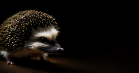 Fototapeta premium hedgehog on a black background, a forest animal. artificial intelligence generator, AI, neural network image. background for the design.