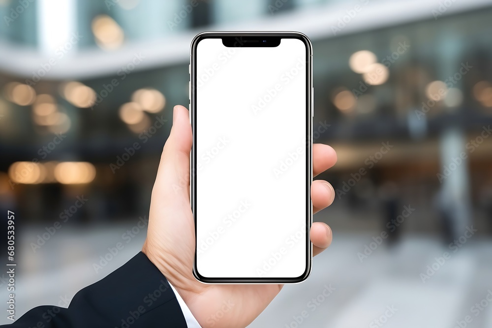 Poster generative ai : close-up of a businessman hand holding a smartphone white screen is blank the backgr
