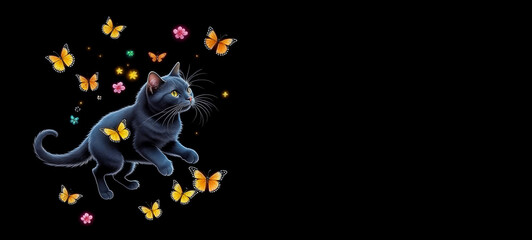 a pet cat jumping with flowers on a black background. a beautiful woolly pet. artificial intelligence generator, AI, neural network image. background for the design.
