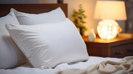 Fototapeta na wymiar Generative AI : White pillow on bed with table light lamp decoration in bedroom interior