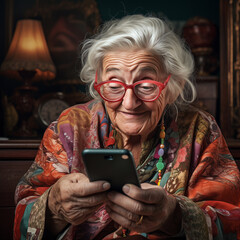 Close-up portrait of an old granny using a smartphone. Elderly woman browsing the internet on her phone. AI-generated