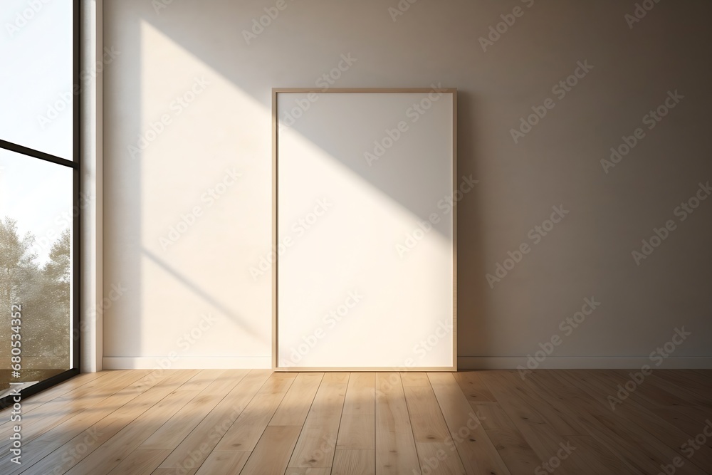Poster generative ai : poster picture frame mockup on wooden tiles floor with aesthetic shadow