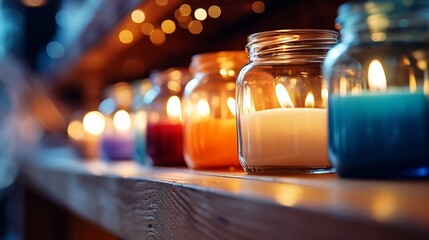 Generative AI : image of Lit scented candles in glass jars and cups on top