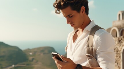 Naklejka premium Generative AI : young man tourists come to travel and are looking for a vacation destination in different climates.