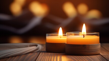 Generative AI : Burning candles on wooden table indoors