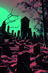 Haunted Midnight Graveyard Scene, Weird Mixed Medias VHS art
