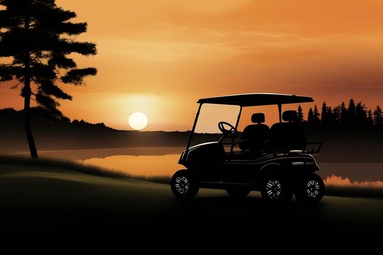 Generative AI : The silhouette of the golf cart. Park on the slopes in the golf course in the evening.