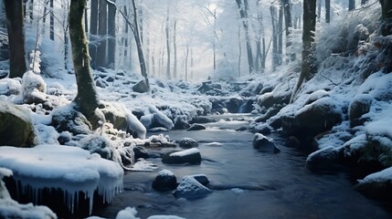 Generative AI : Winter time in forest, partially frozen stream and snow covered trees,