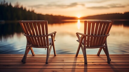Fototapeta premium Generative AI : Two wooden chairs on a wood pier overlooking a lake at sunset