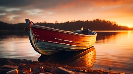Generative AI : image of Boat in lake with sunset in Royal national park