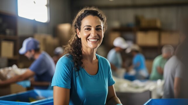 Happy volunteer woman in Group of people working in charitable foundation. Volunteer separating donations stuffs.