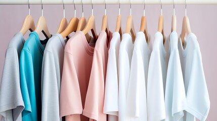 Generative AI : Women's casual clothes in soft pastel colors on a gray metal hanger on a stand, hanger. 
