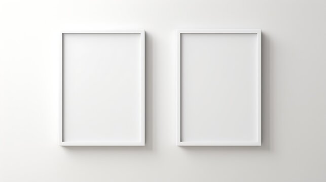 Generative AI : Two mockup vertical rectangle painting frames hanging on white wall background at the room corner with copy space.