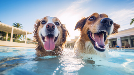 Two cute dogs enjoy playing in pet friendly hotel swimming pool on vacation. - obrazy, fototapety, plakaty