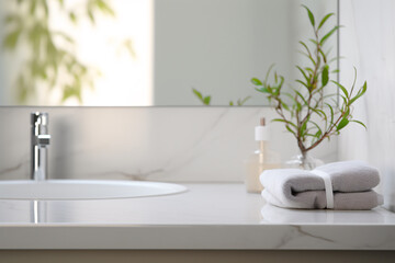 Fototapeta na wymiar White bathroom interior design, undermount washbasin and faucet on white marble counter in modern luxury minimal washroom.