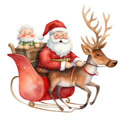 Watercolor photo of Santa Claus rides in a sleigh, isolated on transparent background 
