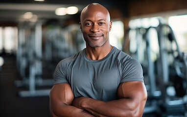 Portrait Of Handsome Muscular Man Posing In Gym. Fitness Trainer Standing In Modern Sport Club Interior. Gym, fitness and portrait of proud man, motivation, health and energy for training. - obrazy, fototapety, plakaty