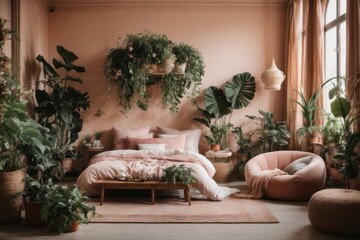 Fototapeta na wymiar A spacious large bedroom with a bed, an armchair and pink walls with green plants near a large window.