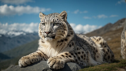 Fototapeta premium Perched majestically on a snow-kissed hill, a Snow Leopard surveys the landscape, its regal presence accentuated by the rhythmic sway of its tail - AI Generative