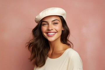 Fototapeta premium Portrait of a grinning woman in her 20s donning a classic fedora against a pastel brown background. AI Generation