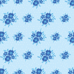 Seamless pattern with fantasy embroidery flowers pattern with cyan background.summer indigo blue flower cyan leaf with polka dot background.