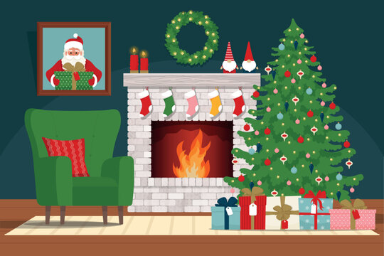 Cozy interior with brick classic fireplace, and decorated Christmas tree. Santa house. Flat Vector illustration