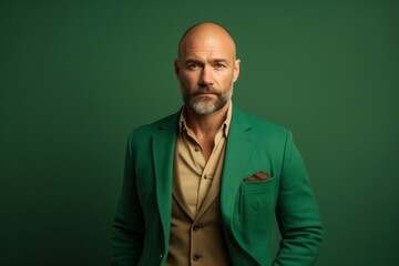 Fototapeta premium Portrait of a tender man in his 40s dressed in a stylish blazer against a soft green background. AI Generation