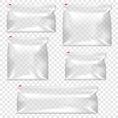 Clear plastic zip slider bag vector mock-up set. Transparent glossy zipper PVC vinyl pouch package mockup kit