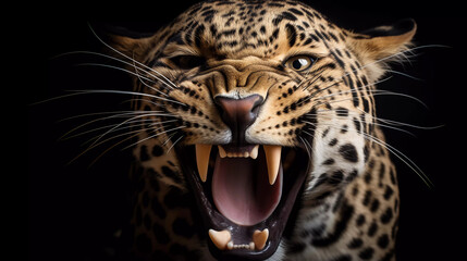 Portrait of a Leopard with open mouth on a black background
