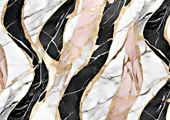 Light gray marbled texture with black pink and gold patterns and lines. Closeup of gray marble texture with golden pink and black patterns.