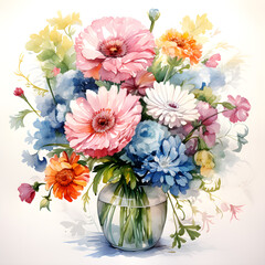 Carnations, Peonies, Gerbera Daisies, Hydrangeas, Flowers, Watercolor illustrations